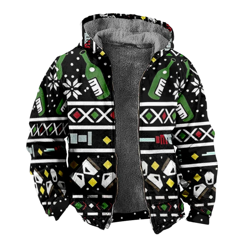 Casual Print Men's Fur Loop Arctic Velvet  Hooded Sweater