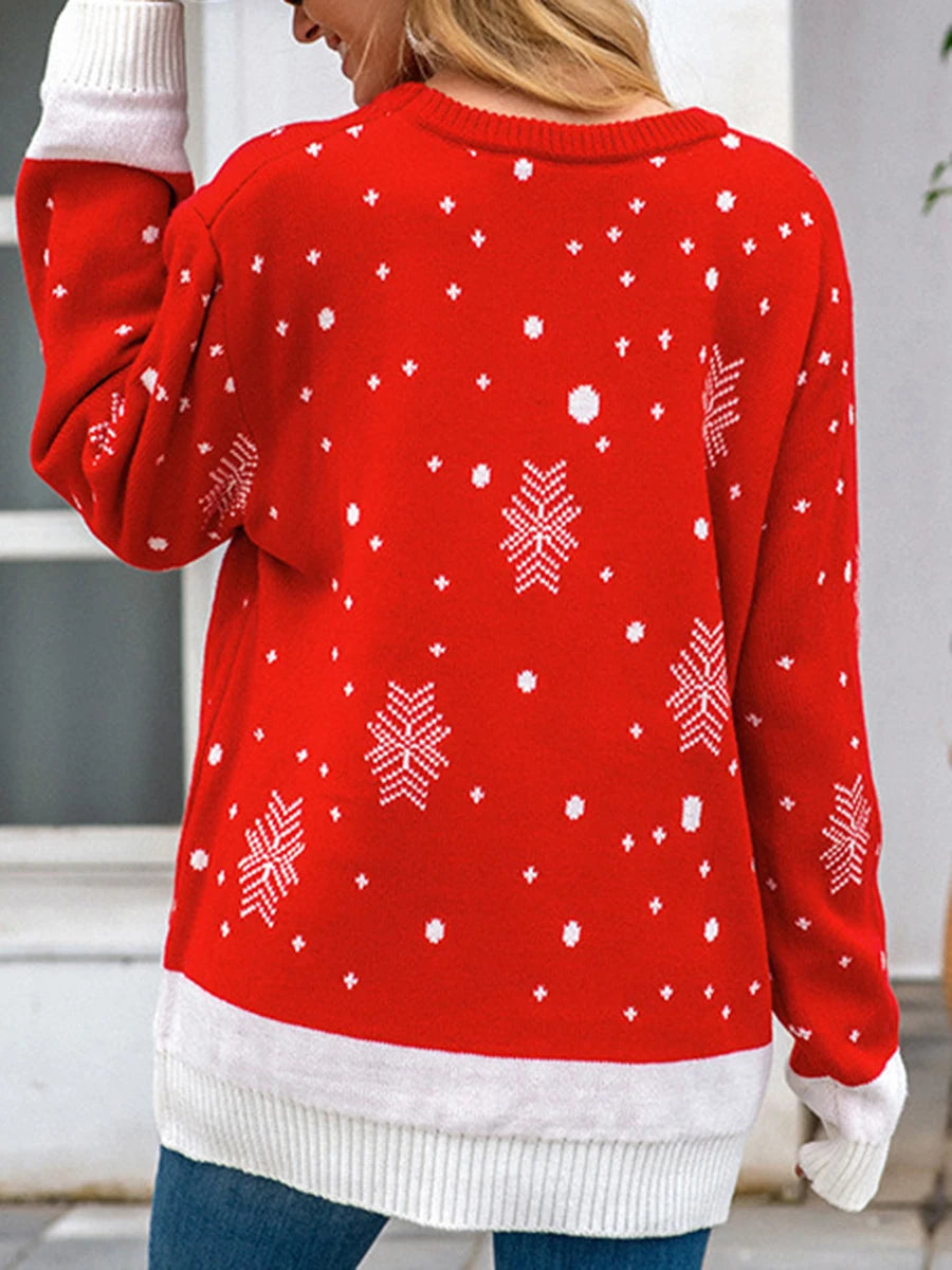 Women's Christmas Long Sleeves Fur Collar Sweater Reindeer Print Pullover