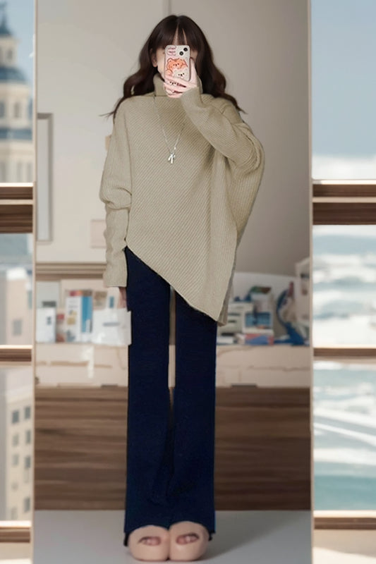 Red High Collar Autumn and Winter Idle Style Irregular Sweater