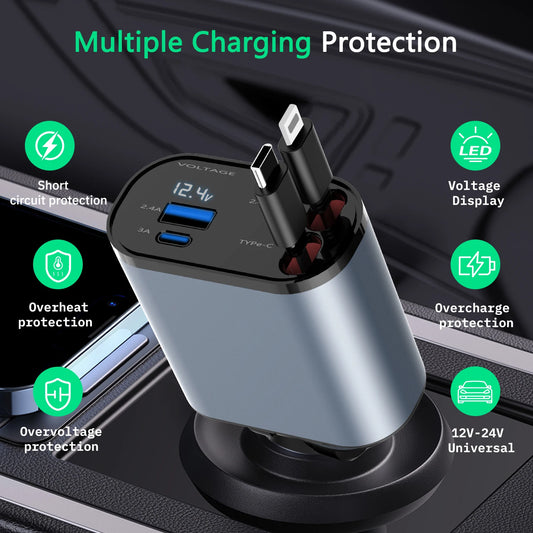 4 in 1 Car Charger USB/Type-C Cable