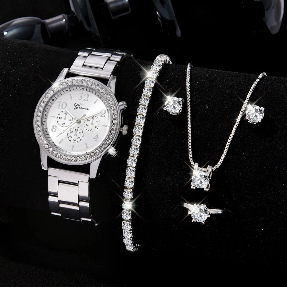 Rhinestone Fashion Luxury Watch Women Ring Necklace Earrings