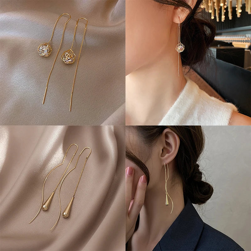 LATS Trend Long Wire Tassel Thread Chain Drop earrings