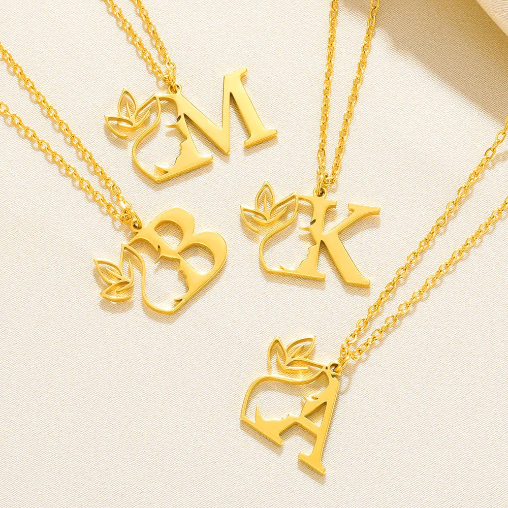 Beauty Flower Initial Necklace  Stainless Steel Letter Pendant Choker Necklaces Alphabet Jewelry