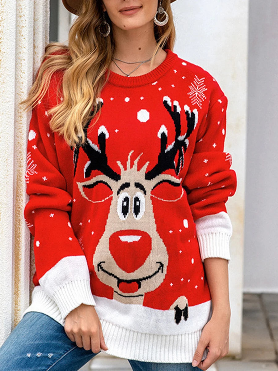 Women's Christmas Long Sleeves Fur Collar Sweater Reindeer Print Pullover