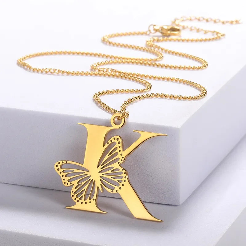 Dainty  Big  Stainless Steel  Butterfly Letters Necklaces