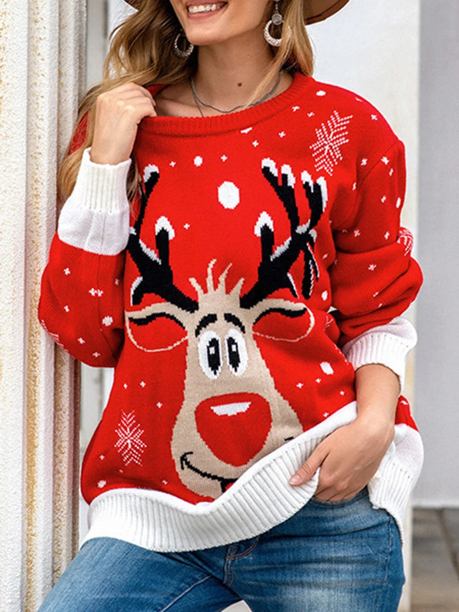 Women's Christmas Long Sleeves Fur Collar Sweater Reindeer Print Pullover