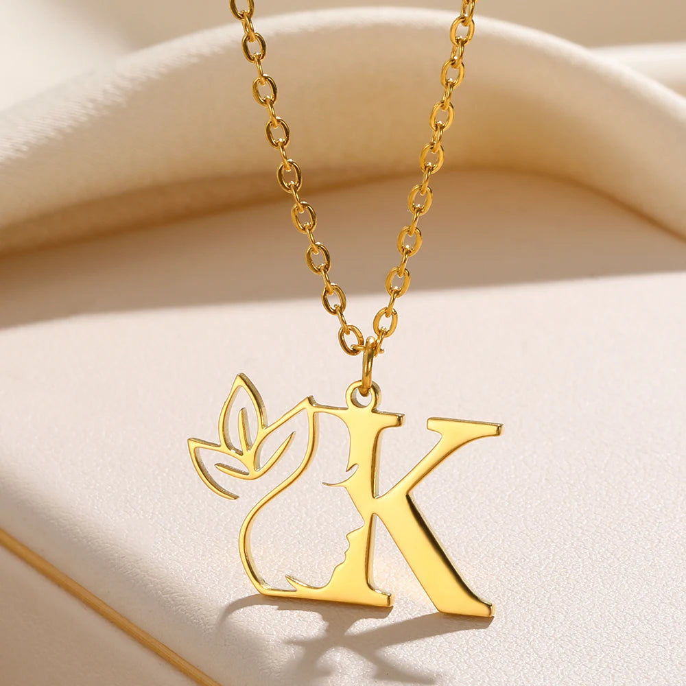 Beauty Flower Initial Necklace  Stainless Steel Letter Pendant Choker Necklaces Alphabet Jewelry